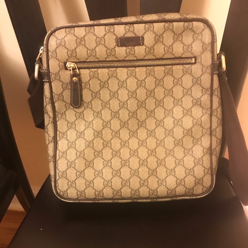 Gucci Beige GG Supreme Crossbody with Brown Trim and Gold Hardware